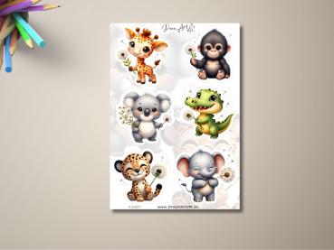Süße Tieraufkleber - Giraffe, Gorilla, Koala, Krokodil, Gepard und Elefant mit Pusteblumen. Perfekt für Kinderzimmerdekoration oder Bastelprojekte.